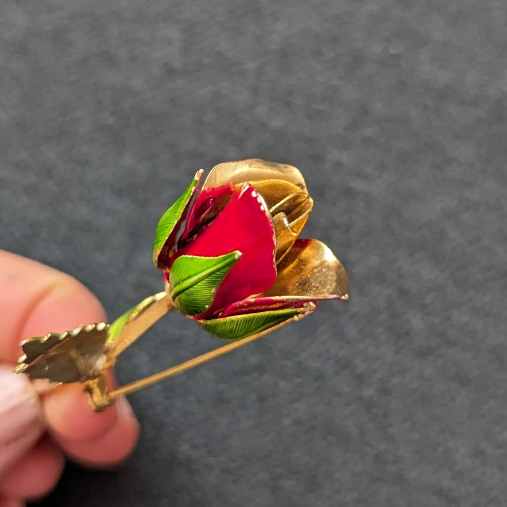 Vintage Rose Brooche, Red and Green Enamel- Giovanni - Picture 4 of 6